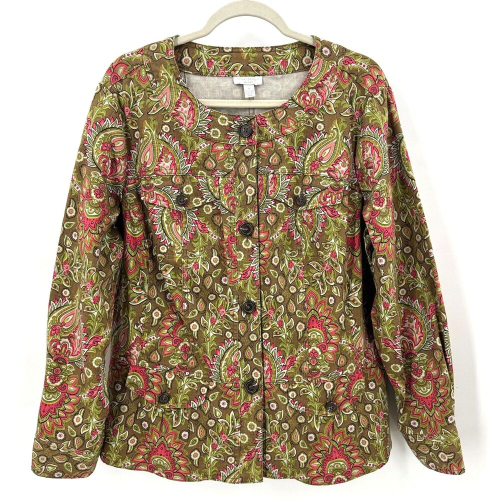 Charter Club Denim Jacket Women XL Paisley Peplum Green Pink Cotton Boho Y2K